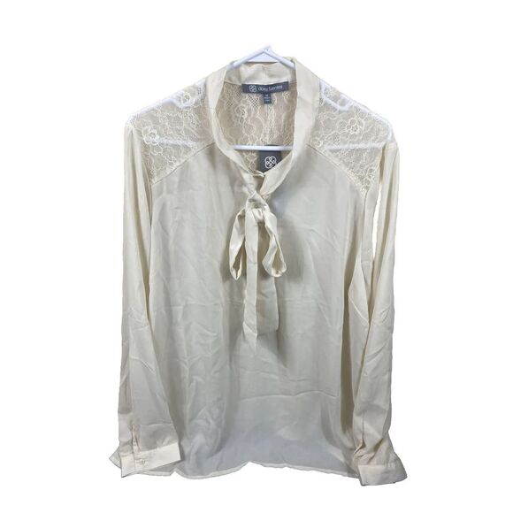 Daisy Fuentes Blouse Womens 3X Beige Bow Lace Long Sleeve 1/2 Button Tunic Shirt - Picture 1 of 6